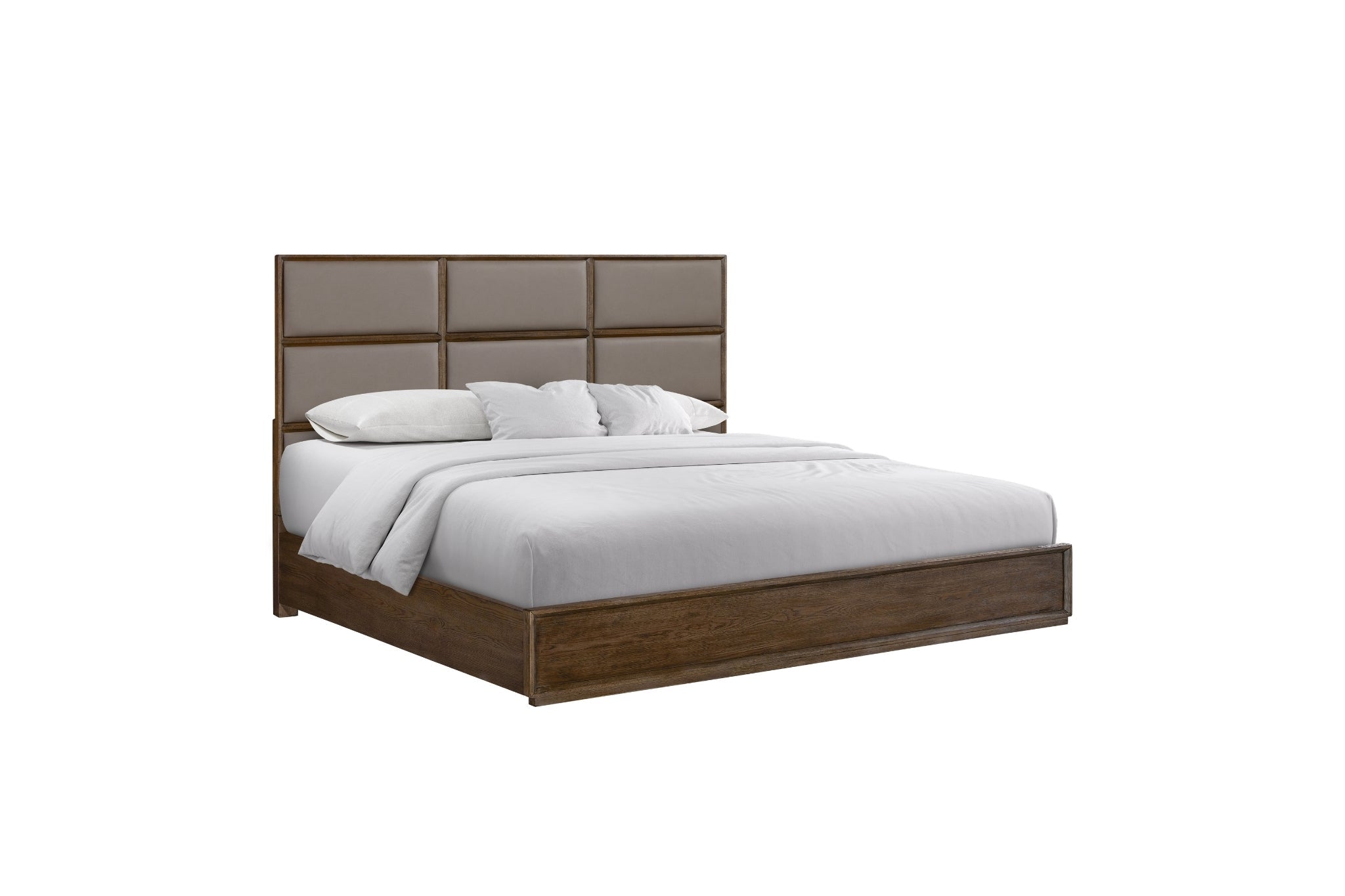 Wooden bed frame with white bedding on a white background