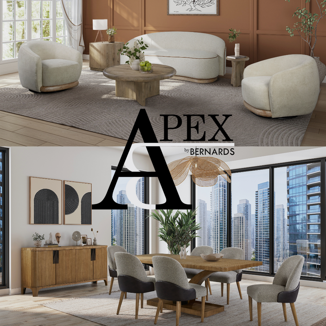 Collage of a modern living room and dining area with 'APEX by Bernards' branding.