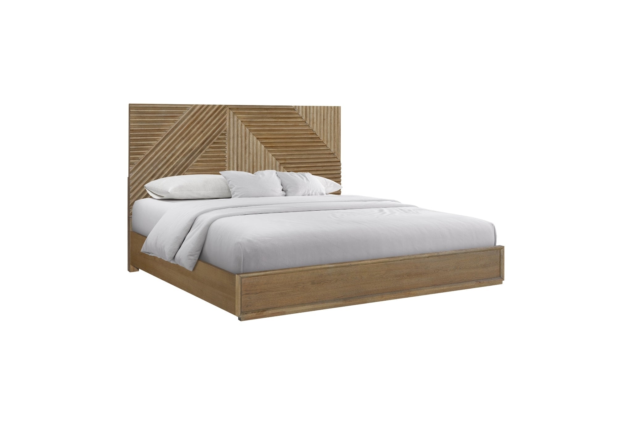 Wooden bed with geometric headboard on a white background